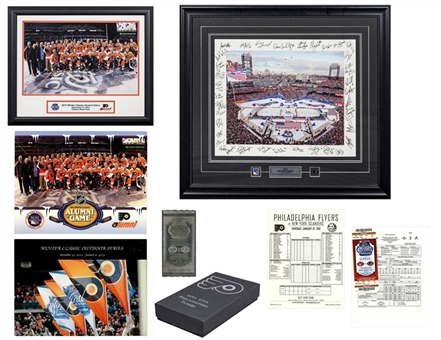 Lot of (7) 2012 NHL Winter Classic Memorabilia Collection Including Tickets, Alumni Photograph and Framed Multi-Signed Photo with 38 Signatures  (Kindrachuk LOA & SGC)